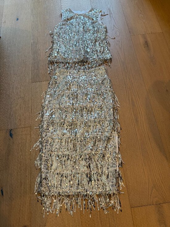 Milly Dresses & Skirts - Milly "Royce & Roxanne" Silver Sequin Fringe Matching Set - Top (S) & Midi Skirt